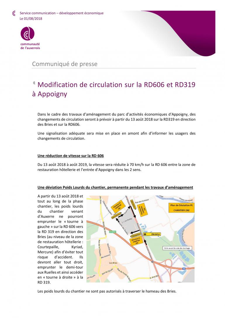 Modification de la circulation sur la RD606 et RD319 à Appoigny (1/2)
