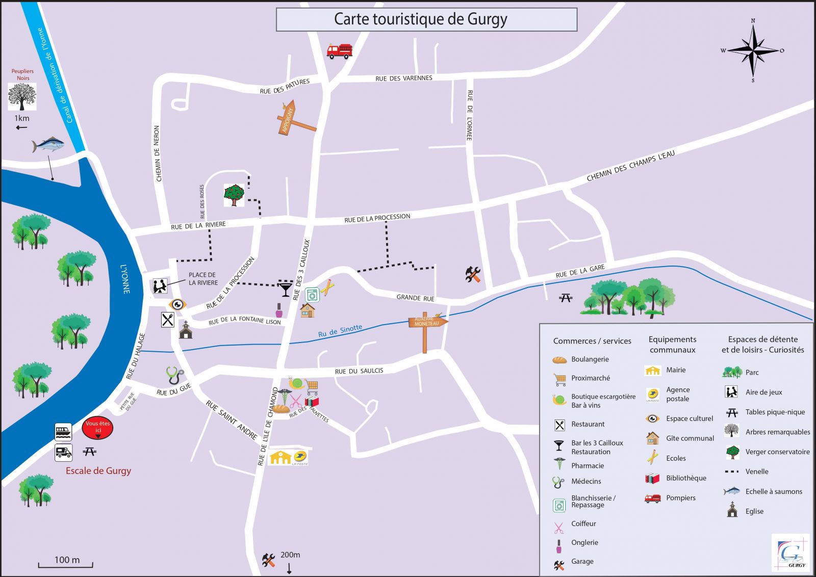 La carte représente la commune de Gurgy (département de l'Yonne, France) avec ses principaux lieux d’intérêt, commerces, équipements publics et espaces de détente.  Orientation : La carte est orientée avec le nord en haut. Une boussole figure en haut à droite.  Cours d’eau : Sur la partie gauche de la carte coule l’Yonne, avec un canal de dérivation. Une zone d'accostage nommée Escale de Gurgy est indiquée au sud-ouest, avec une aire pour camping-cars, un point d'information et des sanitaires.  Points de repère principaux :  Vous êtes ici : situé près de l’Escale de Gurgy.  Place de la Procession, Grande Rue, Rue du Gué, Rue de la Gare structurent le centre.  Trois panneaux de bois marquent les entrées principales : Monéteau, Hauterive, et une autre entrée au nord.  Lieux d’intérêt représentés :  Commerces et services (symboles en orange et violet) :  Boulangerie, Proximarché, restaurant, pharmacie, coiffeur, bar à vins, blanchisserie, etc.  Équipements publics (icônes jaunes et bleues) :  Mairie, école, bibliothèque, agence postale, espace culturel, pompiers.  Espaces de détente et curiosités (icônes vertes) :  Parc, aire de jeux, tables de pique-nique, arbres remarquables, verger conservatoire, église, venelles, etc.  Légende : Une légende en bas à droite détaille les symboles utilisés pour les commerces, services, bâtiments publics et espaces de loisirs.  Chemins : Des chemins piétons sont représentés en pointillés noirs, reliant plusieurs points d’intérêt comme les venelles, arbres remarquables et église.  Échelle : Deux échelles sont fournies :  En bas à gauche : 100 mètres  En bas au centre : 200 mètres  Couleurs dominantes :  Fond mauve clair pour le territoire  Bleu pour les cours d’eau  Icônes de couleur selon les catégories (vert, jaune, orange, violet…)